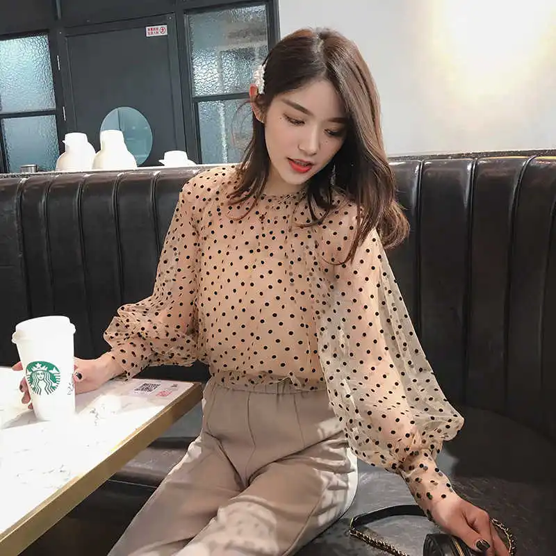

Girls Dot Mesh Blouses Shirts Tees Female O-neck Full Lantern Sleeve Fairy Blouses Tops For Women FL913