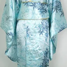 Мода светло-зеленый японский Для женщин кимоно из полиэстера с Оби Винтаж костюм вечернее платье с принтом один размер H019