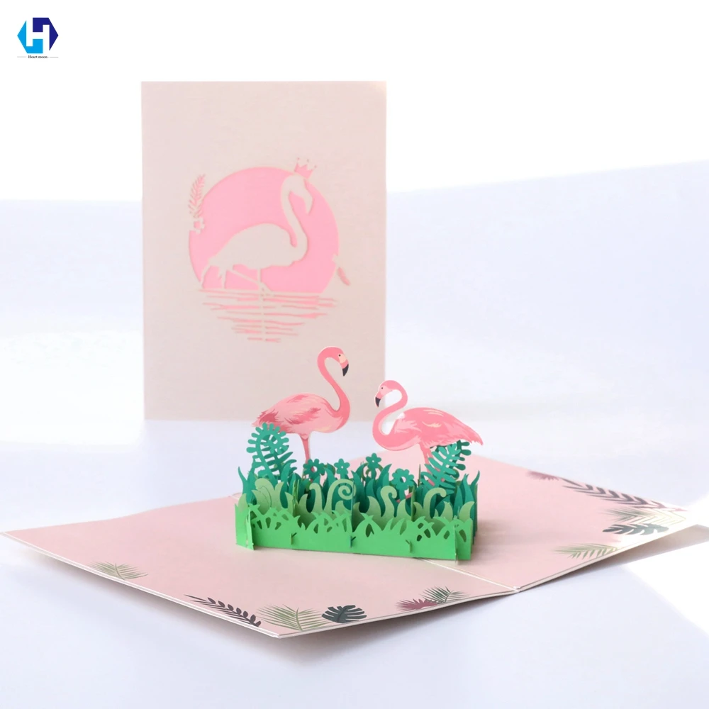 Сердце Луна День рождения поздравительные открытки 3D Pop Up лазерная резка открытки свадебные приглашения Elegante настраиваемый фламинго