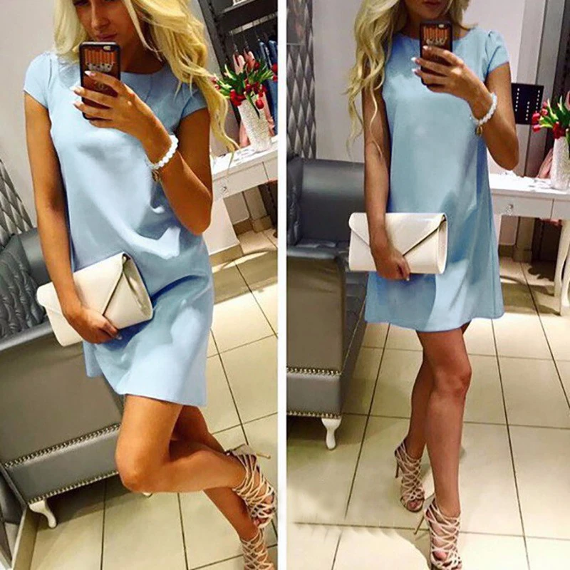 

2019 Women New Summer Fashion Casual Loose Dress Mini T Shirt Solid O-neck Short Sleeve Elegant Sexy Party Feminina Vestidos