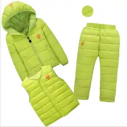 Зимние теплые детские комплекты одежды для девочек лыжные костюмы для мальчиков детская верхняя одежда пуховые куртки + жилет + брюки, 3