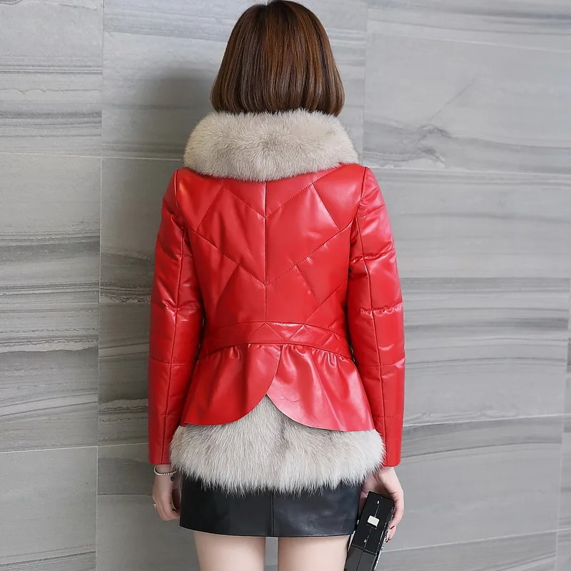 AYUNSUE, натуральная кожа, куртка, женская, зимняя, овчина, пальто, женские пуховики, Лисий мех, воротник, короткая, Женская куртка, Macaw KJ703 - Цвет: Red