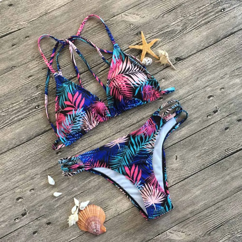 

High Quality Women Summer Print Tankinis Deep V Neck Sleeveless Backless Bra with Low Waist Panties NCM99