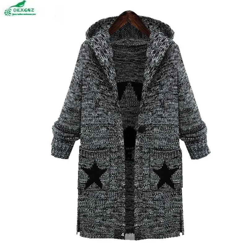 

OKXGNZ Sweater Female 2019 Fashion Big size Women Sweate Spring autumn New Hooded Lapel Medium long Sweater Coat Female QQ431