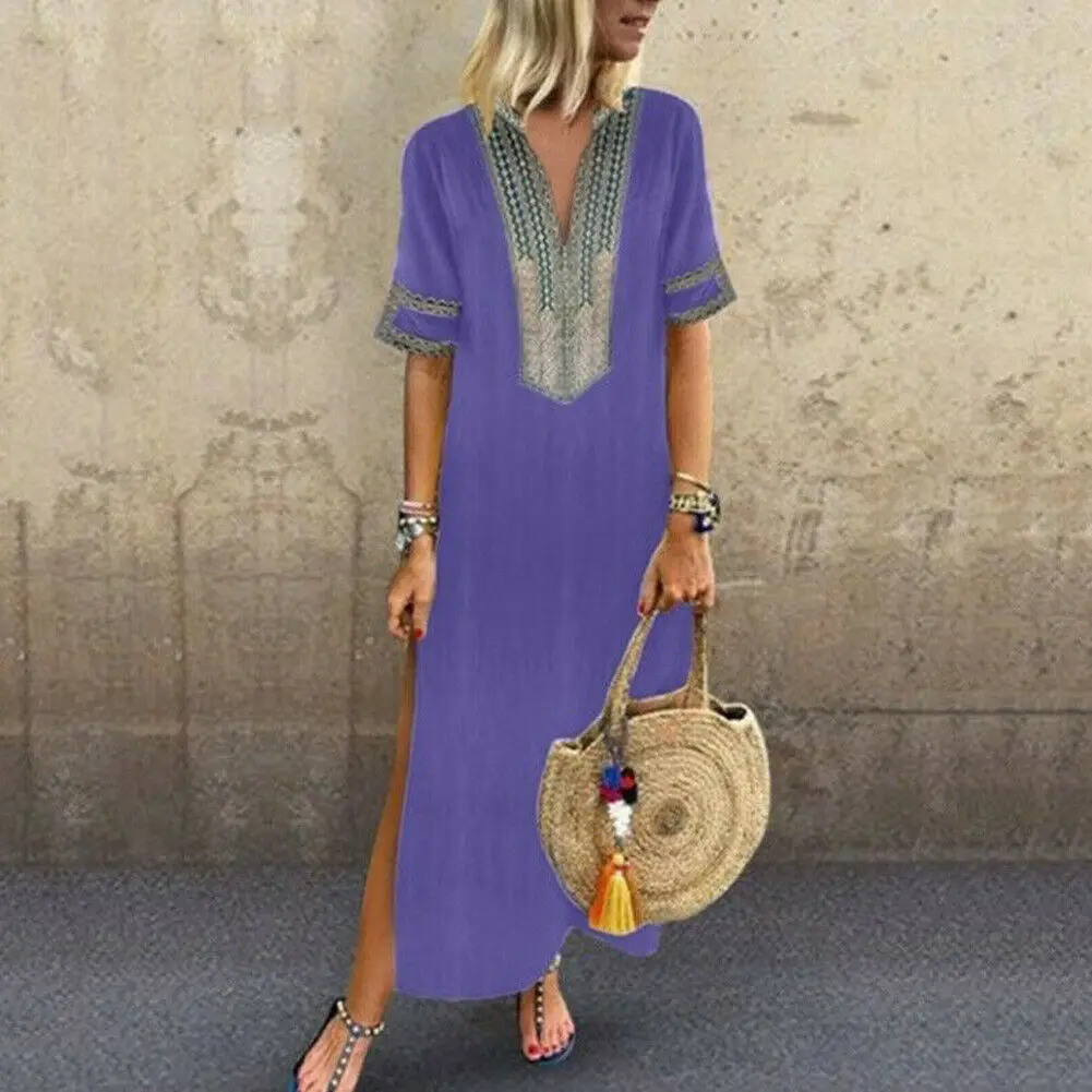 

Plus Size Casual Fashion Women Long Dress Lace Half Sleeves V-Neck Solid Color Sides Split Loose Dress Ladies Summer Clothes