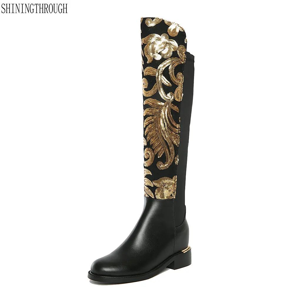 

Plus Size Luxury Design Shoes Women Bling Gold Sequined Knee High Boots Genuine Leather Stretch Party Autumn Winter Boot