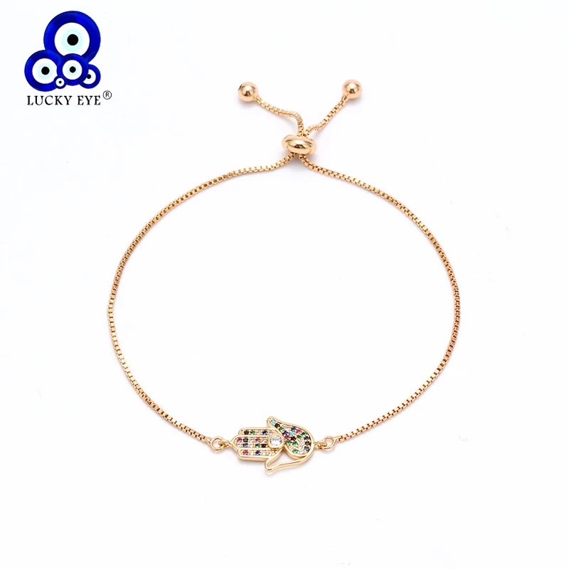 

Lucky Eye Hamsa Hand Bracelet Golden Copper Chain Adjustable Micro Pave Zircon Charm Bracelet Jewelry for Women Female EY6339