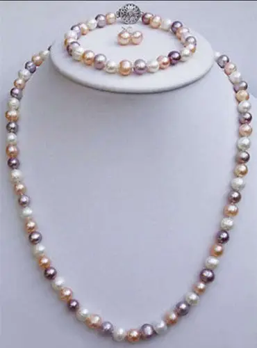 

shipping7-8mm mixed-colour Freshwater pearl Necklaces Bracelets Earrings sets LL008 (A0423) -Top quality free shipping