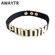 AWAYTR Harley Quinn PUDDIN Leather Choker Necklace Suicide Necklaces Halloween Cosplay Letter Pattern Necklace for Women Men