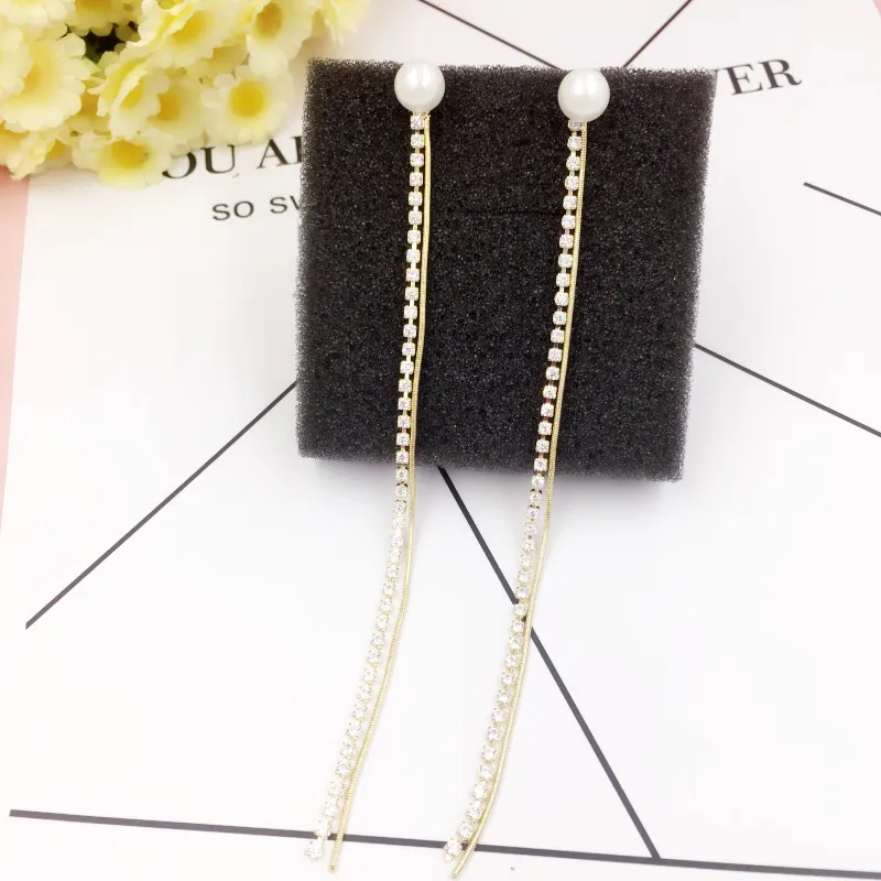 

925 Sliver Needle Luxury Zircon Earrings Vintage Simulated Pearl Long Tassel Earrings for Women Lady Wedding Party Jewelry