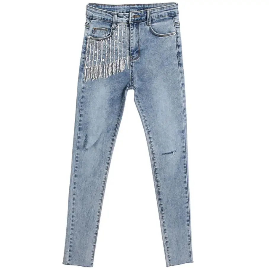 

Sequins diamond tassel jeans women 2019 spring and summer new fashion hole ankle length skinny pencil jeans
