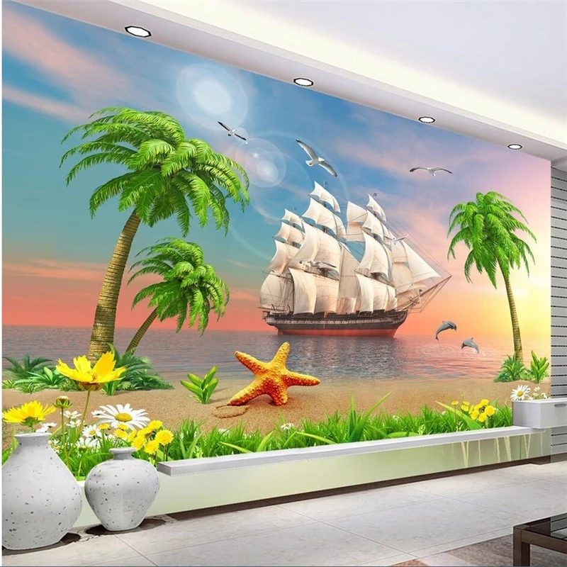 

wellyu wallpaper for walls 3 d Custom wallpaper Sunset sailboat sailing windy sea coconut tree TV background wall tapety