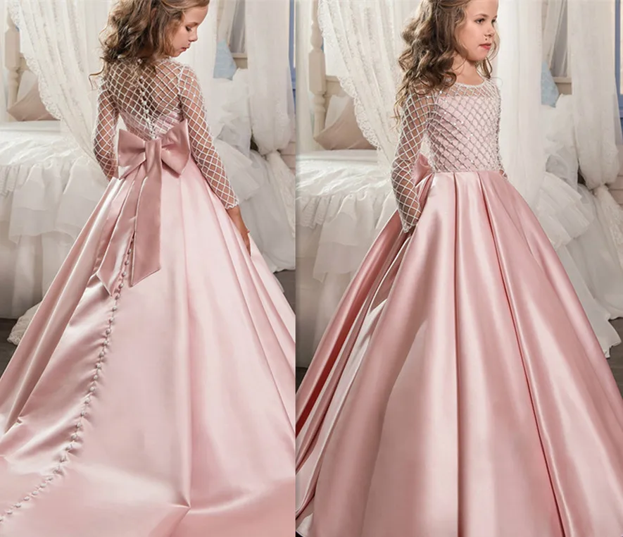 

Pink Long Sleeve First Communion Dresses O-neck with Bow Sash Flower Girl Dresses Ball Gowns Vestidos size 2-16Y