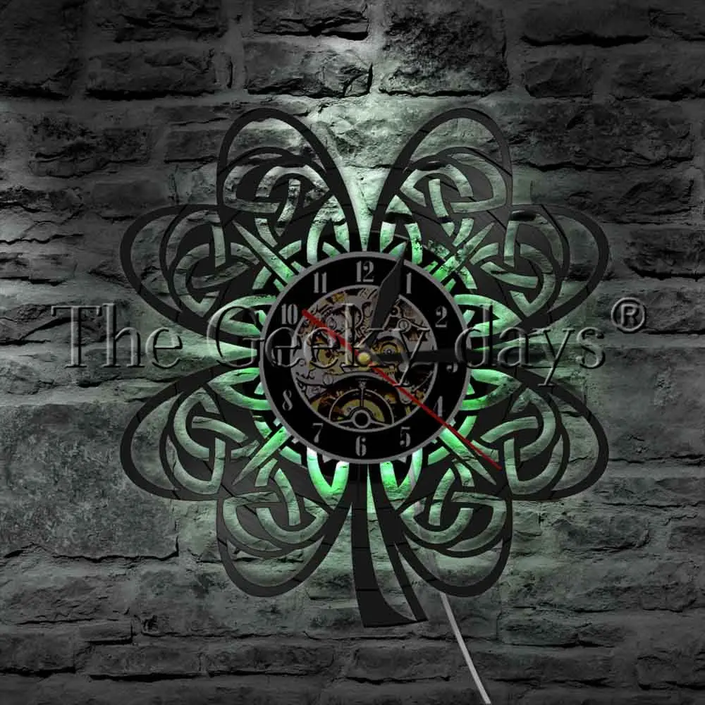 1 шт. кельтский узел с ирландским клевером лист светодиодная Подвесная лампа виниловая запись настенные часы День Святого Патрика подарок современная настенная лампа