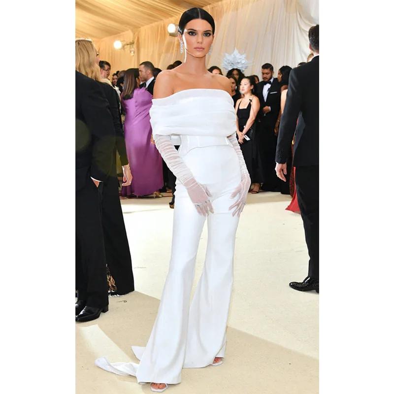 Мода Kendall шоу стиль белый вне плечо элегантный бандажный комбинезон женские вечерние Одежда Брюки Труба Оптом