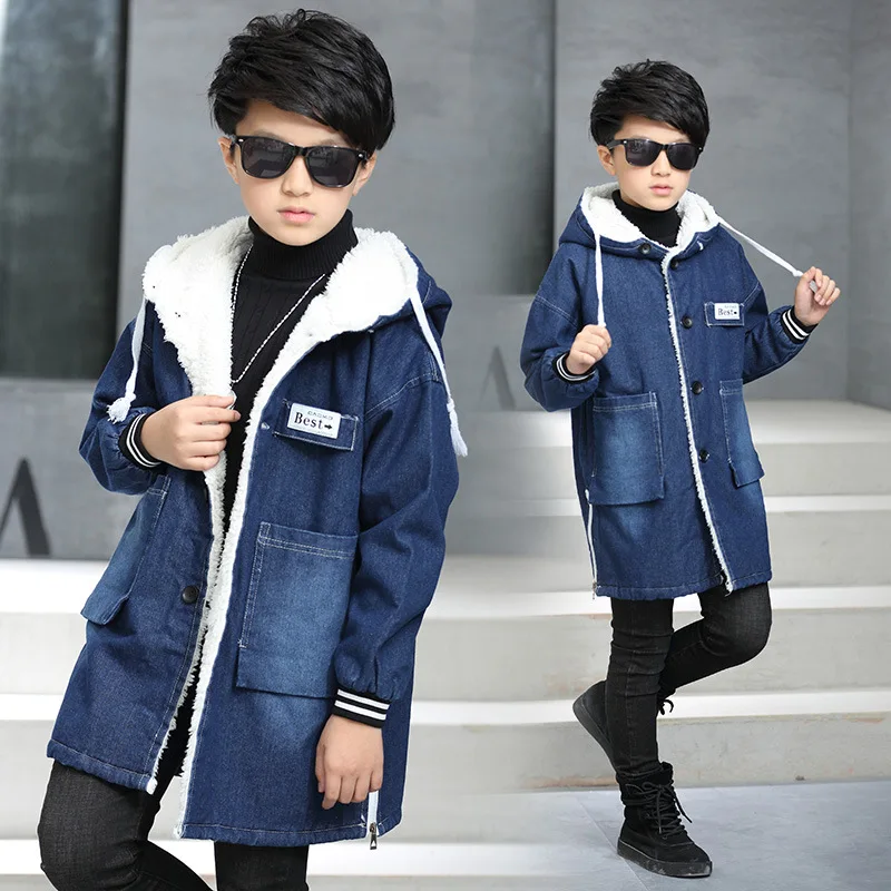 

2019 Boy Winter Warm Windbreaker Boys Long Thickening Plus Velvet Bat-shape Denim Jackets Coats Girls Casual Loose Jacket