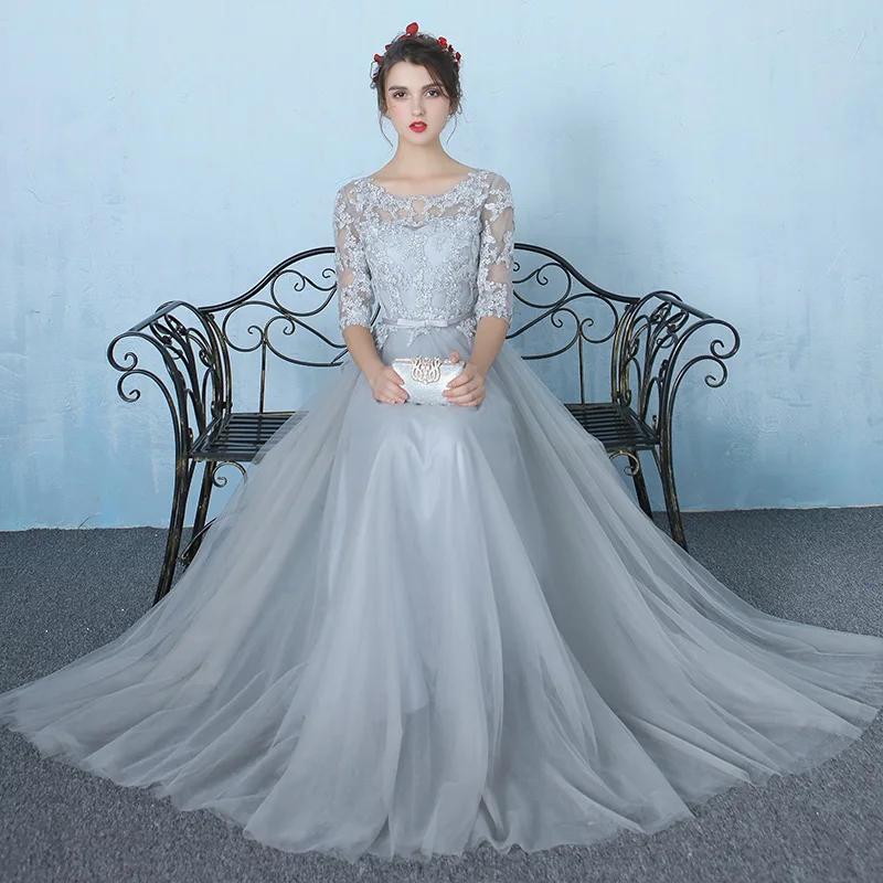 Robe De Soiree Light Grey Evening Dresses Long 2019 Tulle With Lace Half Sleeves Party Formal Prom Dress Abendkleider Abiye