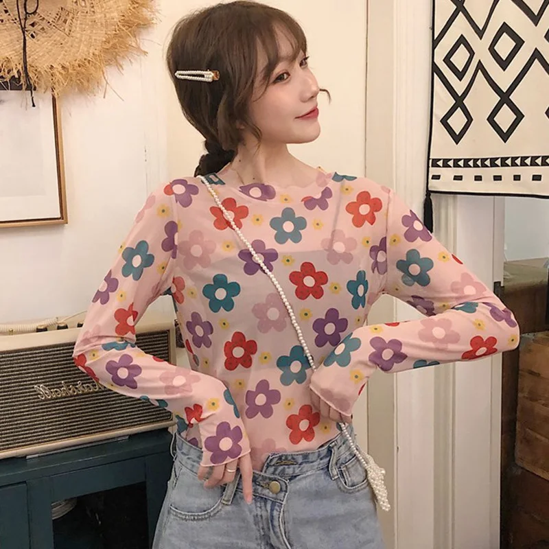 

fashion Transparent Mesh Flower Printed Women Sexy T shirt O Neck Tops femme summer autumn Streetwear See Through Slim T-Shirts