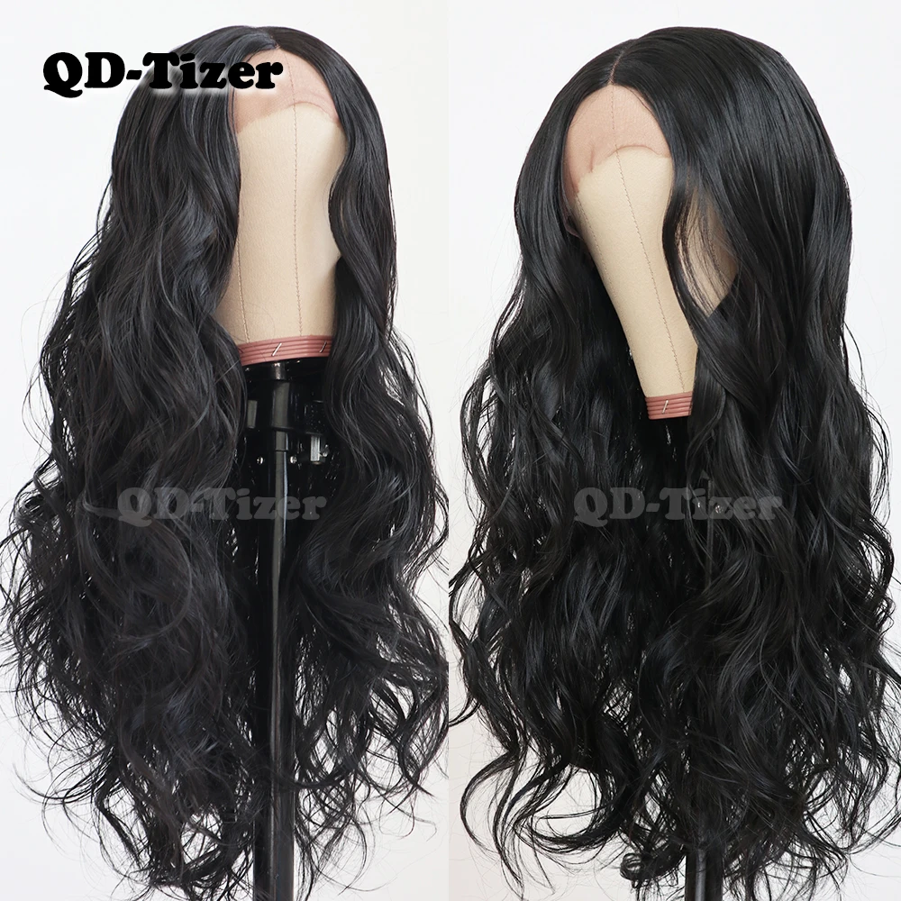 

QD-Tizer Black Color Long Body Wave Hair Middle Part Lace Wigs Glueless Synthetic Lace Front Wigs for Black Women