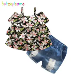 Babzapleume/2 шт./4-10years/Летняя стильная одежда для маленьких девочек с цветочным рисунком футболка + Джинсовые шорты корейская детская одежда