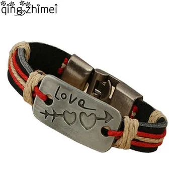 

2 Size Lover's Heart Bracelets New Design Alloy Hook Genuine Leather Rope Charm Bracelet Bangle Wristband Cuff Women Men Jewelry