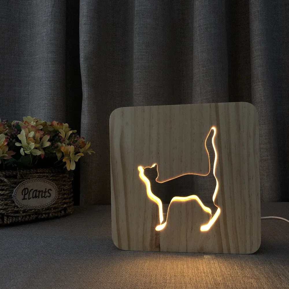 

PET Addiction cute animal cat shape Wooden 3D LED Night Light wooden night lamp as personalised cat gifts