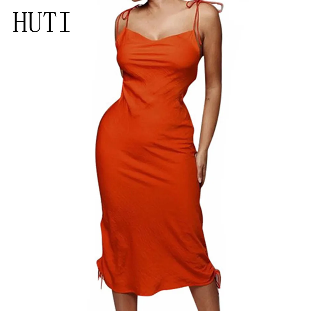 

HUTI Spaghetti Strap Backless Sexy Slim Dress Summer Sleeveless Casual Dress Orange Bodycon Party Dress Women Robe 2019 Femme
