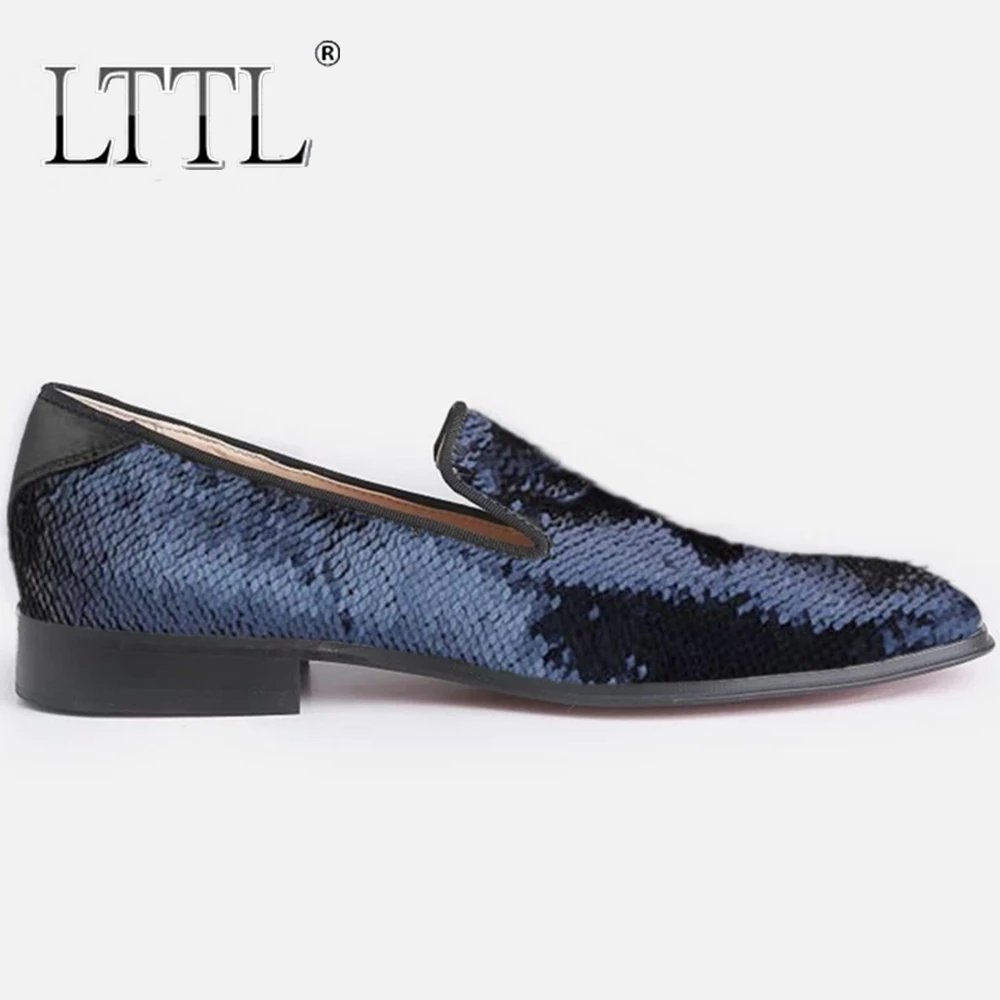 

Black And Blue Glitter Spring Mens Shoes Top Quality Genuine Leather Men Loafers Big Sizes Banquet And Wedding Men's Flats