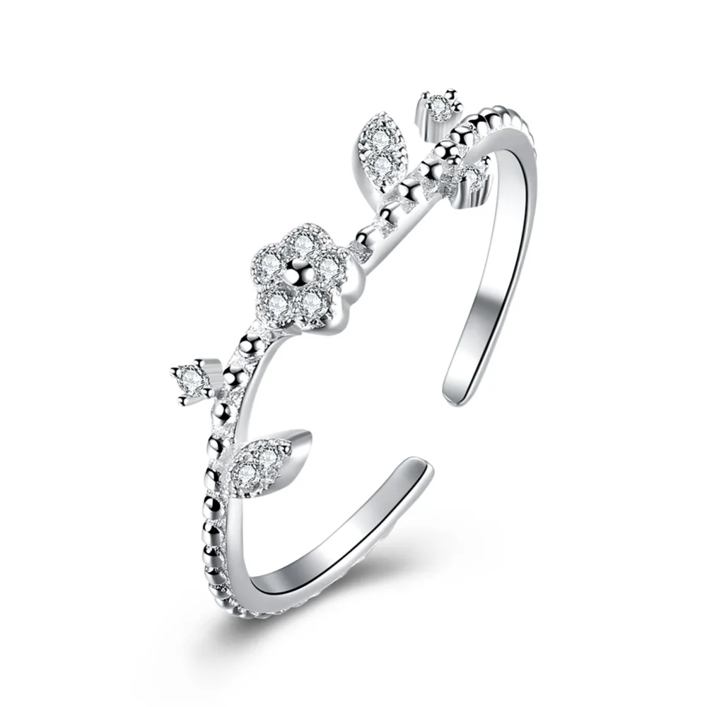

Opening Ring s925 Sterling Silver Plum Leaves Flowers Zircon Decorate Jewelry Simple Sweet Style For Women Wedding Birthday Gift