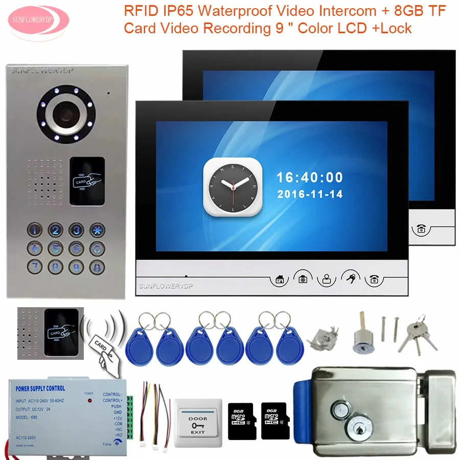 

Video Intercom Two Monitors 9inch with Recording 8GB TF Card Doorbell Intercom System IP65 Waterproof Rfid With Electronic Lock