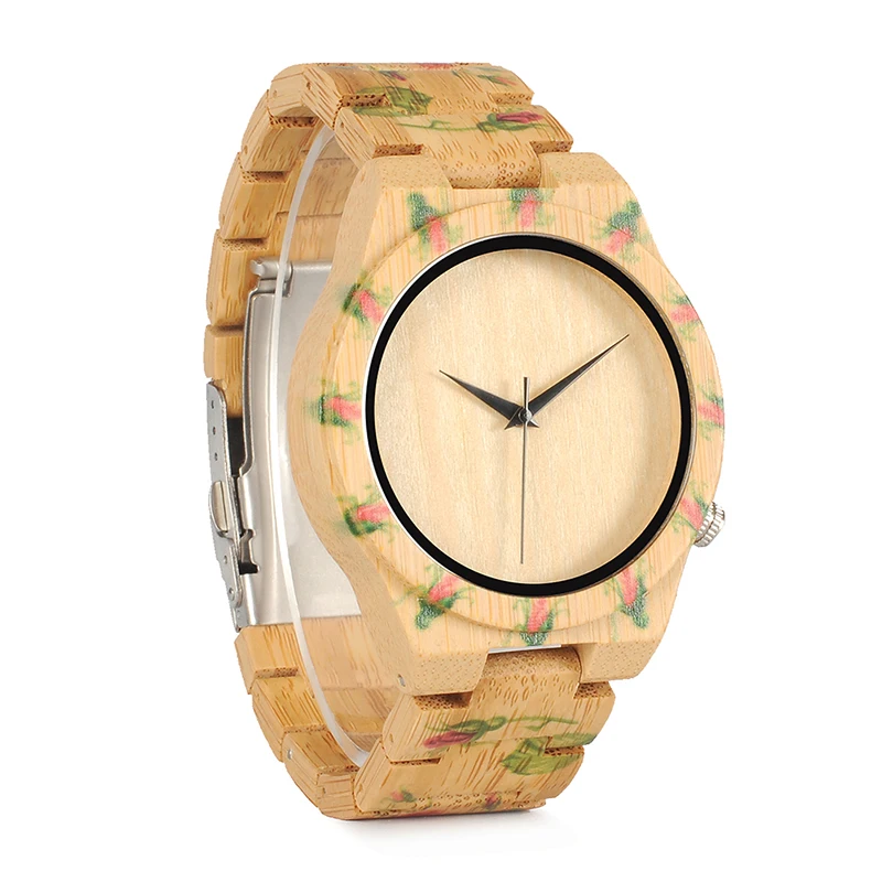 BOBO BIRD LD21 Handmade Men Watches Natural Bamboo Wooden Band Armbanduhr Printing Flowers Design Erkek Saat OEM