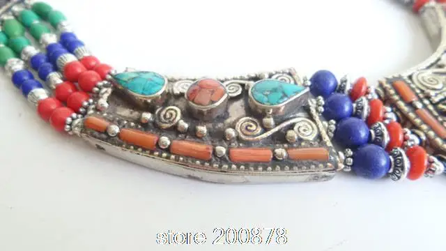 TNL149 удивительные тибетские ювелирные изделия непальская латунь инкрустированные бирюзовый Коралл Lapis большой кулон ожерелье много выступлений большой, в стиле бохо ожерелье s