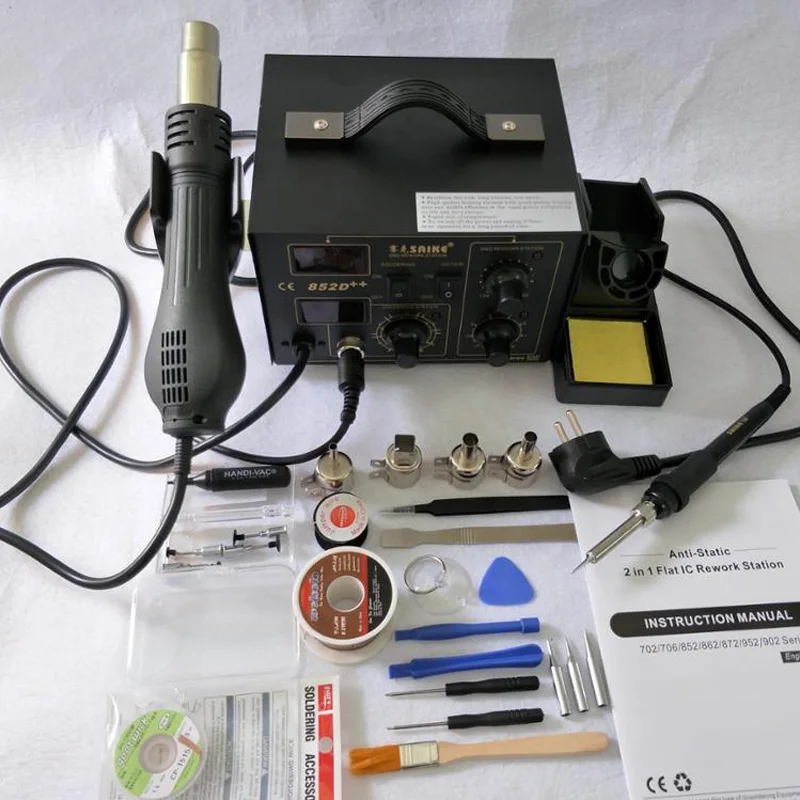 

Saike 852D++ Standard Rework Station Soldering iron Hot Air Rework Station Hot Air Gun soldering station 220V or 110V + gift