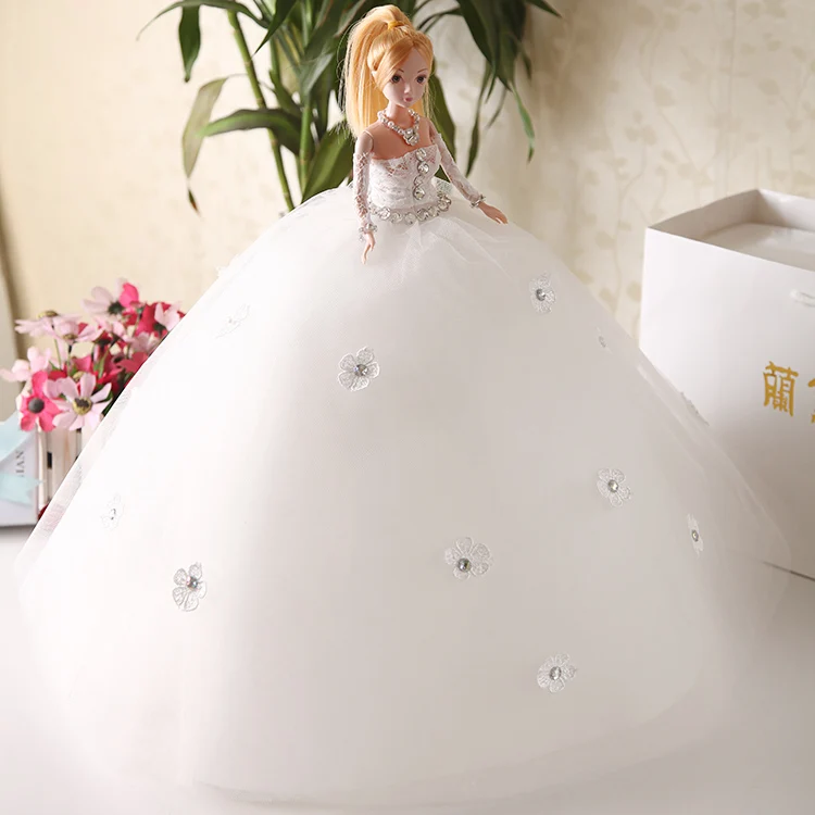 

Doll + Dress / White Lace Rhinestone Bride Wedding Doll Bubble Skirt Gown Decoration Outfit Clothing For Toy Barbie Doll