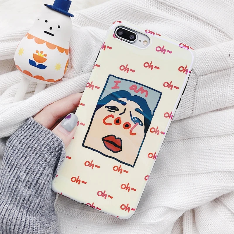 

LOVECOM Blu-Ray Phone Case For iPhone 6 6S 7 8 Plus X Cartoon Nostril Boy "Oh~I am Cool"Letter Soft IMD Phone Back Cover Cases