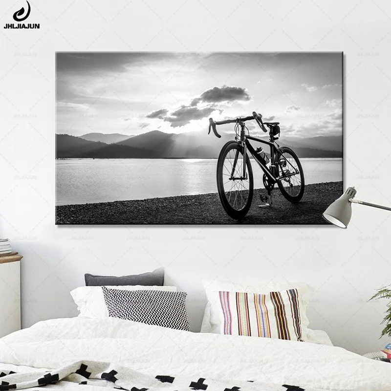 

JHLJIAJUN Canvas Painting Seaside Sunset Nature Road Bike Black and White Print And Poster For Bedroom Dining Living Home Decor