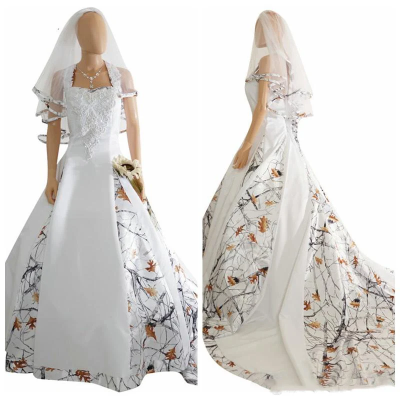 

2017Cheap White Camo Satin Wedding Dress Custom Lace Appliques Bridal Gowns Lace Up Back Custom Long Camouflage New