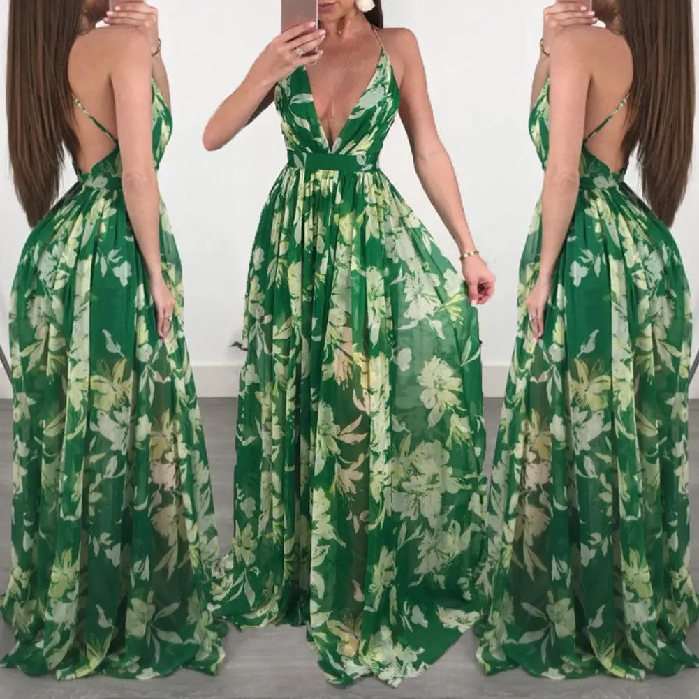 Deep V Neck Backless Floral Printed Maxi Dresses Deep V Neck Backless Floral Printed Maxi Dresses