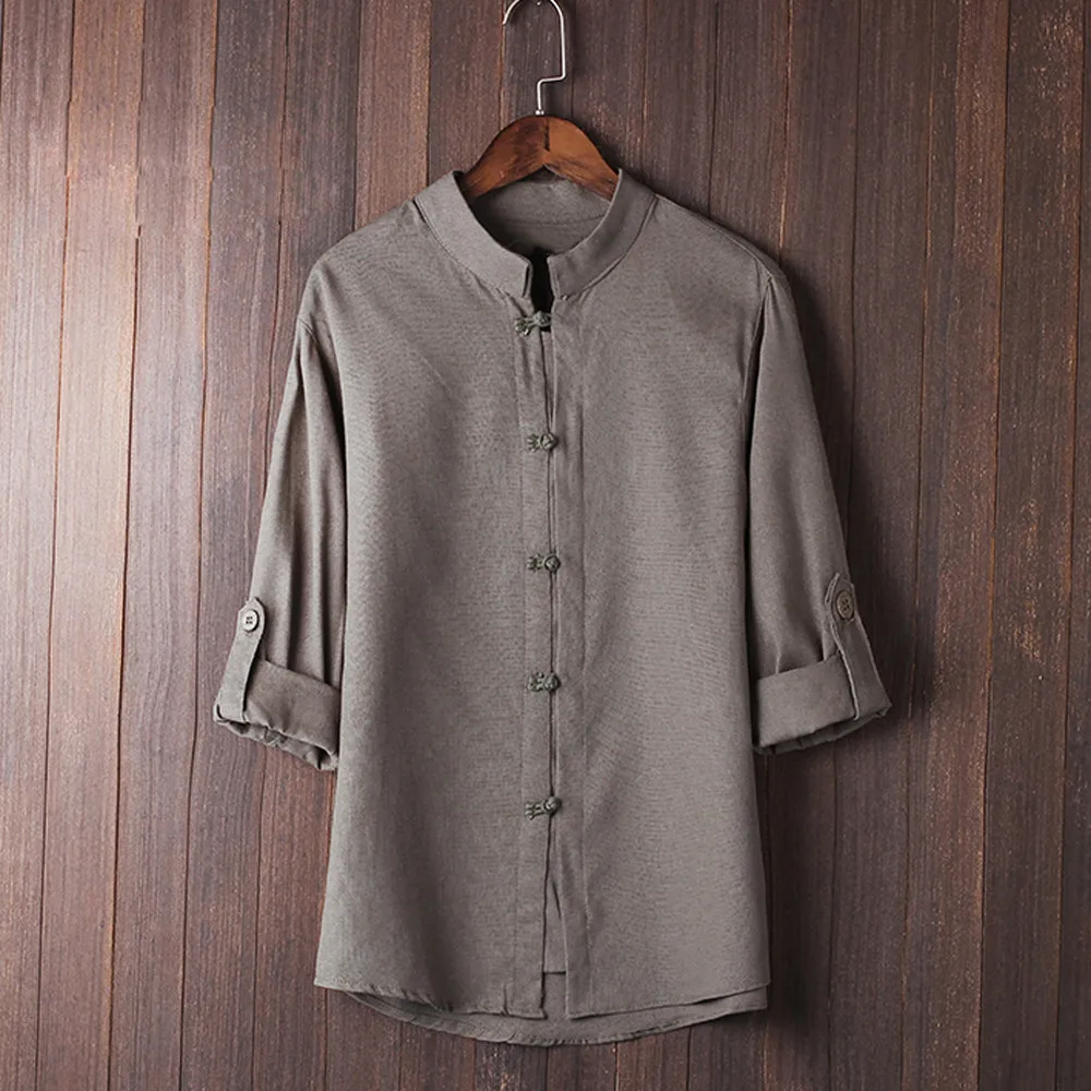 

Men's Summer Shirt Classic Chinese Style Kung Fu Tops Tang Suit 3/4 Sleeve Solid Linen Cool Thin Breathable Blouse Shirt Men Top