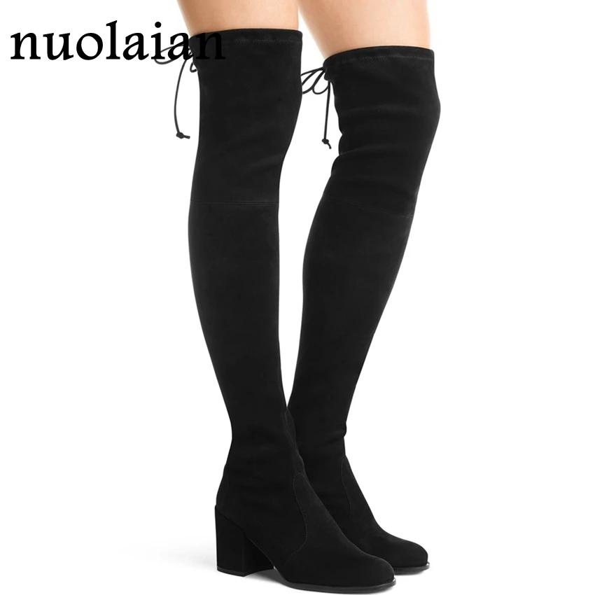 Goede Faux Suede Vrouwen Boot Over De Knie Winter Schoenen Vrouw Zwarte Su egrave;de Laarzen Dames 7.5 cm Hoge Hakken Schoen dij Hoge Laarzen