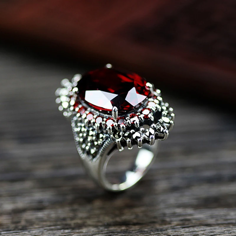 Тайское серебристого цвета, ювелирные изделия в стиле ретро, красно-синее кольцо с крупным камнем для женщин, Изысканные Свадебные обручальные кольца Anillos