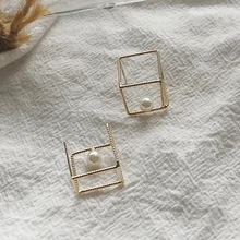 AOMU, уникальный дизайн, S925 Стерлинговое Серебро, булавка, геометрические, выдалбливают, квадратные металлические, золотистый куб, жемчужные серьги-гвоздики для женщин и девушек