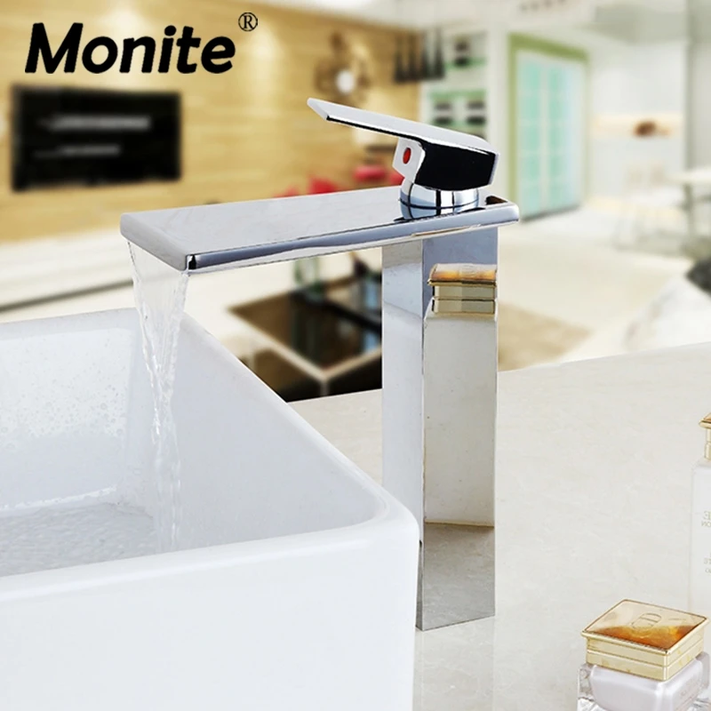 Solid Brass Countertop Tap Waterfall Chrome Finish Bathroom Basin Mixer