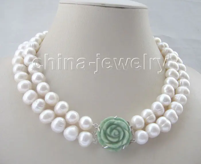 

HOT## Wholesale > Beautiful 17-18" 2row 14mm white flaw freshwater pearl necklace-flower jade clas