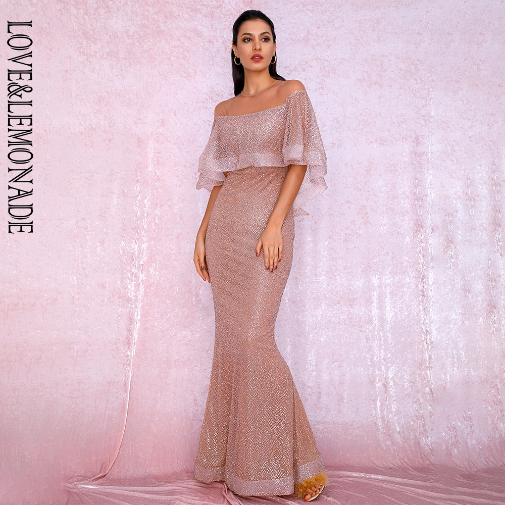 

LOVE&LEMONADE Sexy Rose Gold Cloak Style Glitter Glued Material Bodycon Party Maxi Dress LM81883 Autumn/Winter