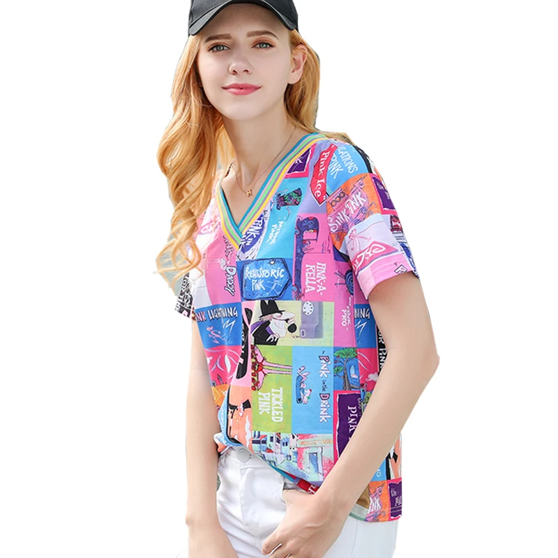 Уличная футболка с 3D принтом Летняя женская футболка с v-образным вырезом Harajuku Мультяшные футболки с короткими рукавами Топы футболки женская одежда