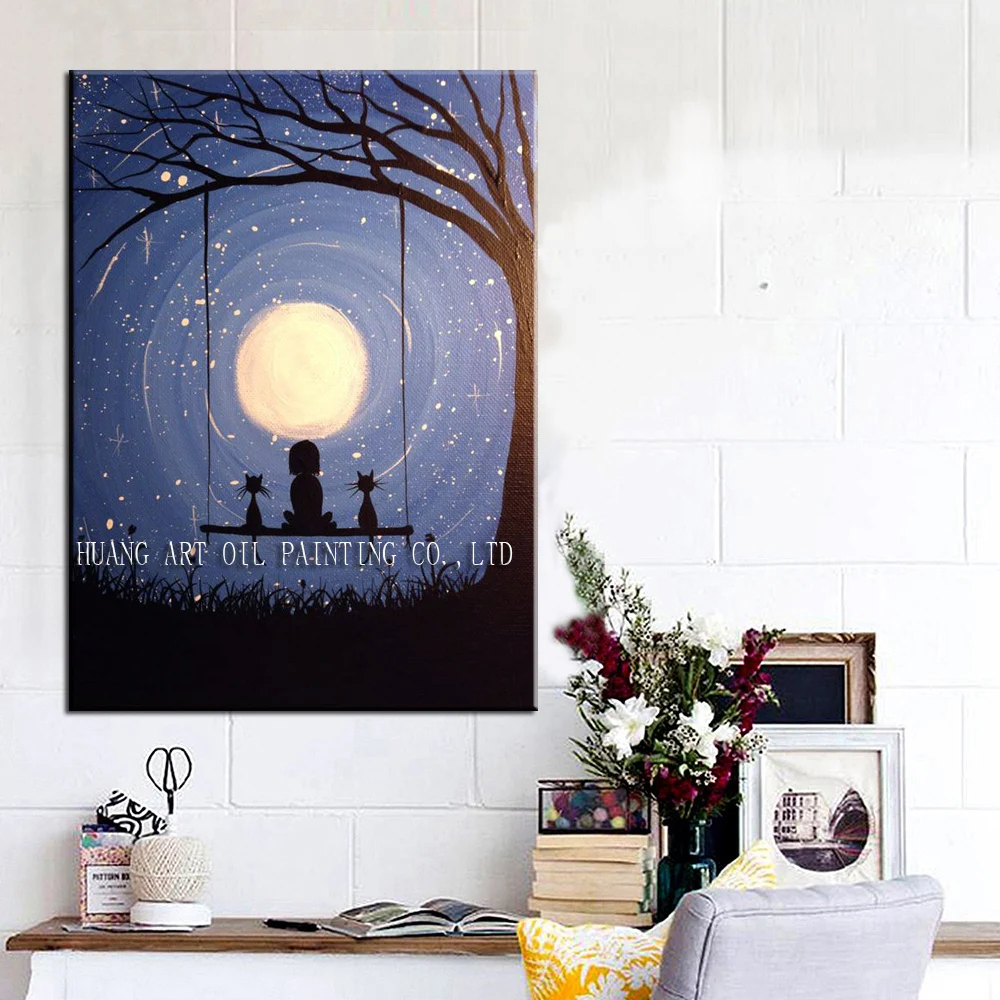 Handmade Moonlight Landscape Oil Painting On Canvas For Home Decor Child And Pet Cat Soup Swing Landscape Painting Painting Calligraphy Aliexpress
