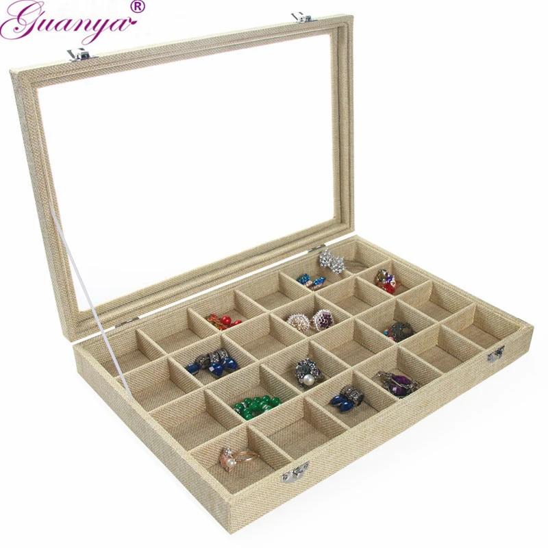 

Guanya 2pcs Tray Jewelry Linen Ring Box Display Earring Show Storage Organizer Multi Grid Case Bracelet Necklace Holder Stand