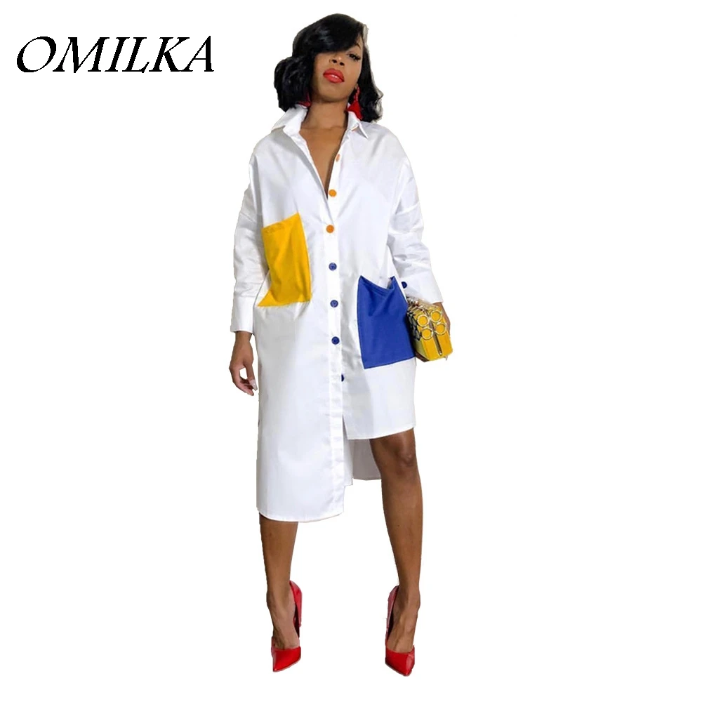 

OMILKA Casual Loose Contrast Color Shirt Dress 2018 Autumn Women Long Sleeve Turn Down Collar Asymmetrical Club Party Midi Dress