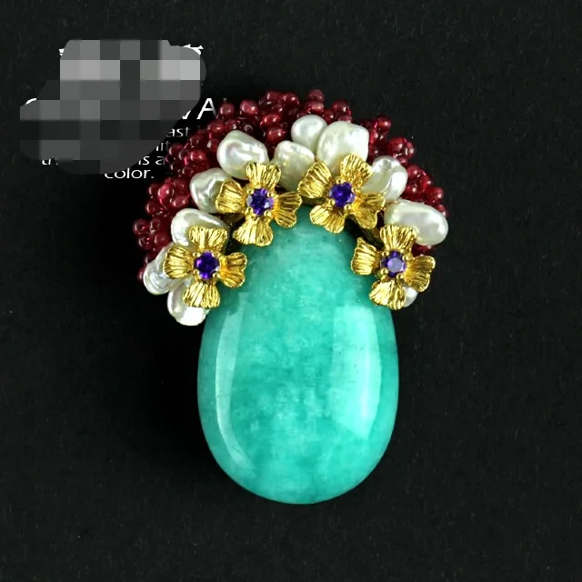 

Natural Semi-precious Stone Brooch Pins Pendant Amazon Stone With Freshwater Pearl 5154A Free Shipping
